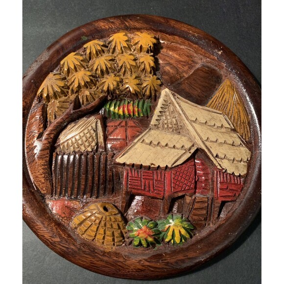 Vintage Thailand Hand Carved Wood Wall Decor Plaque Village - Picture 3 of 3